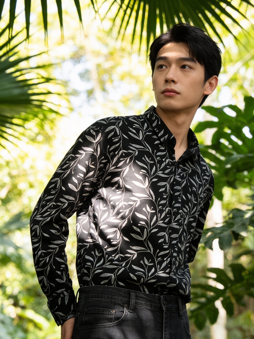 Men's Black Botanical Print Lightweight Shirt Jacket